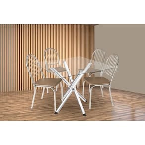 Conjunto: Mesa Sala Jantar Volga c/ Tampo de Vidro 95cm e 4 Cadeiras Noruega Cromada - Courano Capuccino - Kappesberg