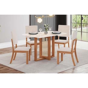 Conjunto: Mesa de Cozinha Natalí c/ Tampo Madeirado c/ Vidro Reto 120x80cm e 4 Cadeiras Milla Nature/Suede Light Linho - Henn