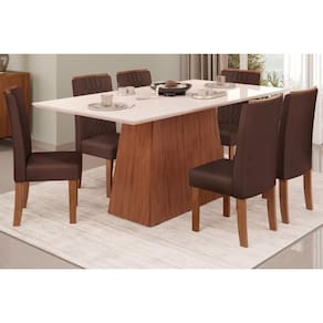 Conjunto: Mesa Sala Jantar Dulce Tampo Madeirado c/ Vidro Reto 180x90cm e 6 Cadeiras Zoe Freijo/Off White - Suede Moca - DJ Móveis