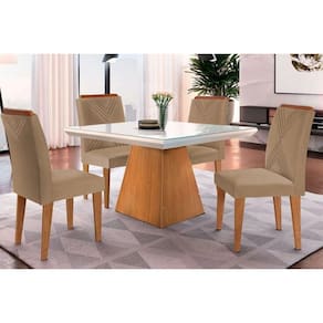 Conjunto: Mesa de Cozinha Luna c/ Tampo Madeirado c/ Vidro Canto Curvo 90x90cm e 4 cadeiras Amsterdã Imbuia/Off White - Suede Capuccino - Rufato