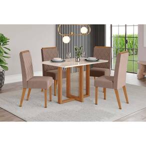Conjunto: Mesa Sala Jantar Natalí c/ Tampo Madeirado c/ Vidro Reto 120x80cm e 4 Cadeiras Nina Nature/Suede Light Marrom Amêndoa - Henn