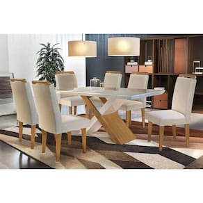 Conjunto: Mesa de Cozinha Imperatriz Tampo Madeirado c/ Vidro Canto Reto 180x90cm e 6 Cadeiras Athenas Capuccino/Suede Creme - Rufato