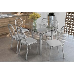 Conjunto: Mesa de Cozinha Elba c/ Tampo de Vidro 140cm e 6 Cadeiras Holanda Cromada - Courano Branco - Kappesberg