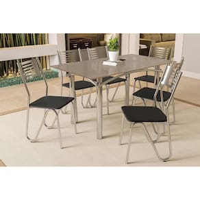 Conjunto: Mesa de Cozinha Elba Tampo Madeirado c/ Vidro 120cm e 6 Cadeiras Nápoles Cromada/Freijo Bronze - Courano Preto - Kappesberg