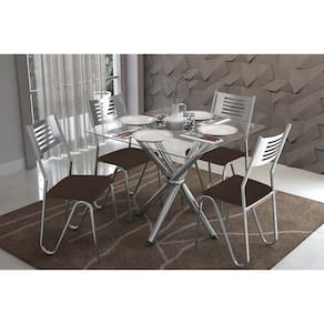 Conjunto: Mesa Sala Jantar Volga c/ Tampo de Vidro 90cm e 4 Cadeiras Nápoles Cromada - Marrom - Kappesberg