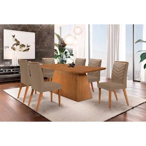 Conjunto: Mesa Sala Jantar Luna c/ Tampo Madeirado Canto Curvo 180x90cm e 6 cadeiras Londrina Imbuia/Suede Capuccino - Rufato
