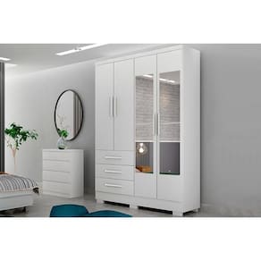 Guarda Roupa Solteiro 4 Portas (2 c/ Espelho) e 3 Gavetas c/ Pés Encanto/Berlim Branco - Novo Horizonte