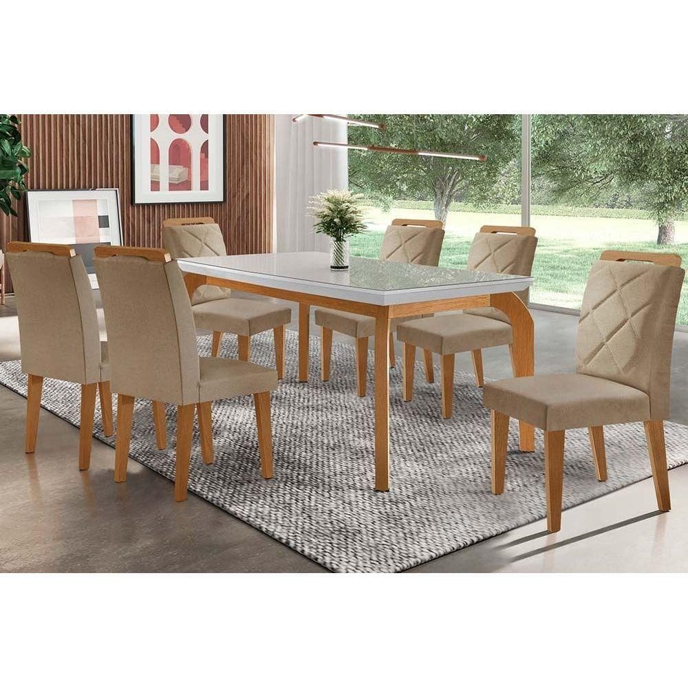 Conjunto: Mesa de Cozinha Londrina Tampo Madeirado c/ Vidro 180x90cm e 6 Cadeiras Melissa Capuccino/Linho Bege Turim - Rufato