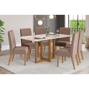 Conjunto: Mesa de Cozinha Natalí c/ Tampo Madeirado c/ Vidro Curvo 160x90cm e 6 Cadeiras Nina Nature/Suede Light Marrom Amêndoa - Henn