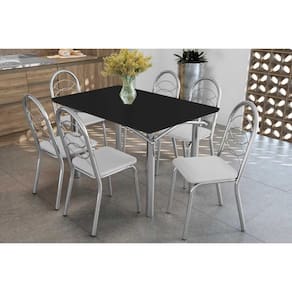 Conjunto: Mesa de Cozinha Elba Tampo Madeirado c/ Vidro 120cm e 6 Cadeiras Holanda Cromada/Preto - Courano Branco - Kappesberg