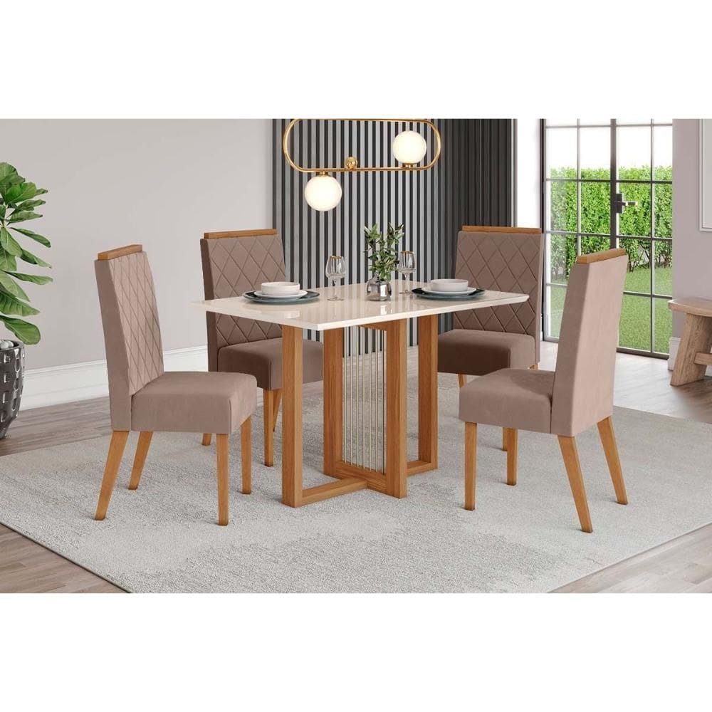 Conjunto: Mesa de Cozinha Natalí c/ Tampo Madeirado c/ Vidro Reto 120x80cm e 4 Cadeiras Nina Nature/Suede Light Marrom Amêndoa - Henn