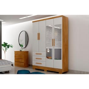 Guarda Roupa 4 Portas (2 c/ Espelho) e 3 Gavetas c/ Pés Encanto/Berlim Cumaru/Fendi 25 - Novo Horizonte