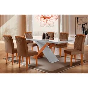 Conjunto: Mesa de Cozinha Imperatriz Tampo Madeirado c/ Vidro Curvo 180x90 e 6 Cadeiras Amsterdã Imbuia/Suede Capuccino - Rufato