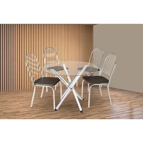 Conjunto: Mesa Sala Jantar Volga c/ Tampo de Vidro 95cm e 4 Cadeiras Noruega Cromada - Courano Preto - Kappesberg