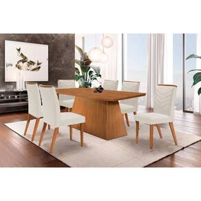 Conjunto: Mesa de Cozinha Luna c/ Tampo Madeirado Canto Curvo 180x90cm e 6 cadeiras Londrina Imbuia-Capuccino/Suede Creme - Rufato