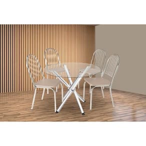Conjunto: Mesa Sala Jantar Volga c/ Tampo de Vidro 95cm e 4 Cadeiras Noruega Cromada - Courano Bege - Kappesberg