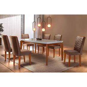 Conjunto: Mesa Sala Jantar Londrina Tampo Madeirado c/ Vidro Reto 180x90 e 6 Cadeiras Londrina Imbuia/Suede Capuccino - Rufato