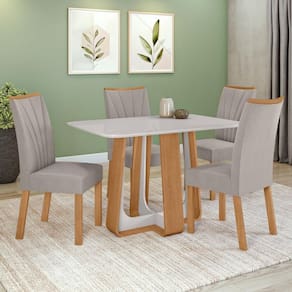 Conjunto Sala de Jantar Mesa Easy Pop 120x80cm Tampo Vidro/MDF com 4 Cadeiras Confort Veludo Liso Capuccino Amendoa Clean/off White