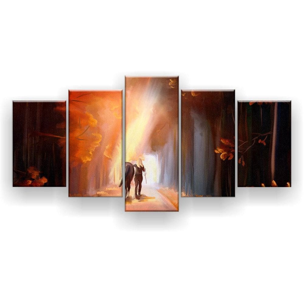 Quadro Decorativo Pintura Mulher Cavalo Parque 129X61 5 pç