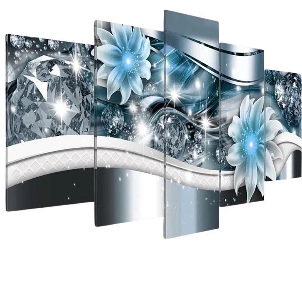Quadros Decorativos 5 Peças Lirios Azul Brilhantes Moderno