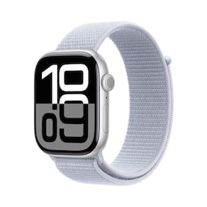 Apple Watch Series 10 GPS • Caixa prateada de alumínio – 46 mm • Pulseira loop esportiva nuvem azul