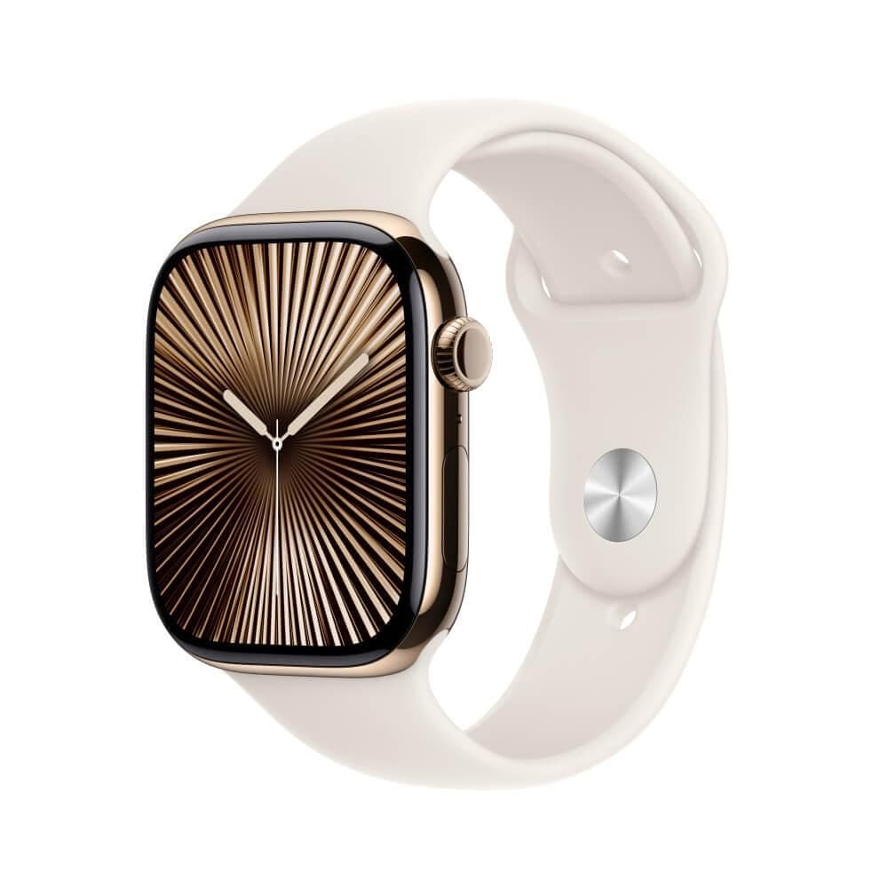 Apple Watch Series 10 GPS + Cellular • Caixa dourada de titânio – 46 mm • Pulseira esportiva estelar – P/M