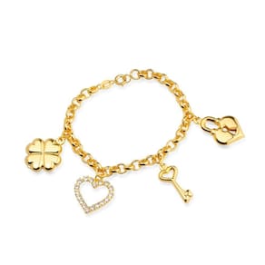 Pulseira Dourada Elo Português Coração, Cadeado, Trevo E