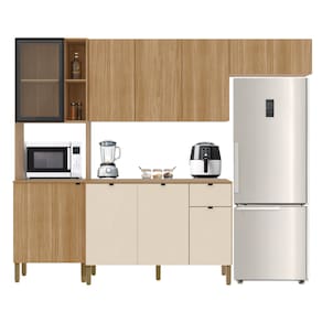 Armário de Cozinha Completa Modulada Com Balcão Nicho Para Micro Ondas Plus Madeirado/Off White