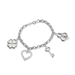 Pulseira Prateada Elo Português Coração, Cadeado, Trevo E