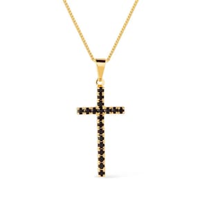 Colar Dourado De Cruz Cravejado De Pedra Natural Negra