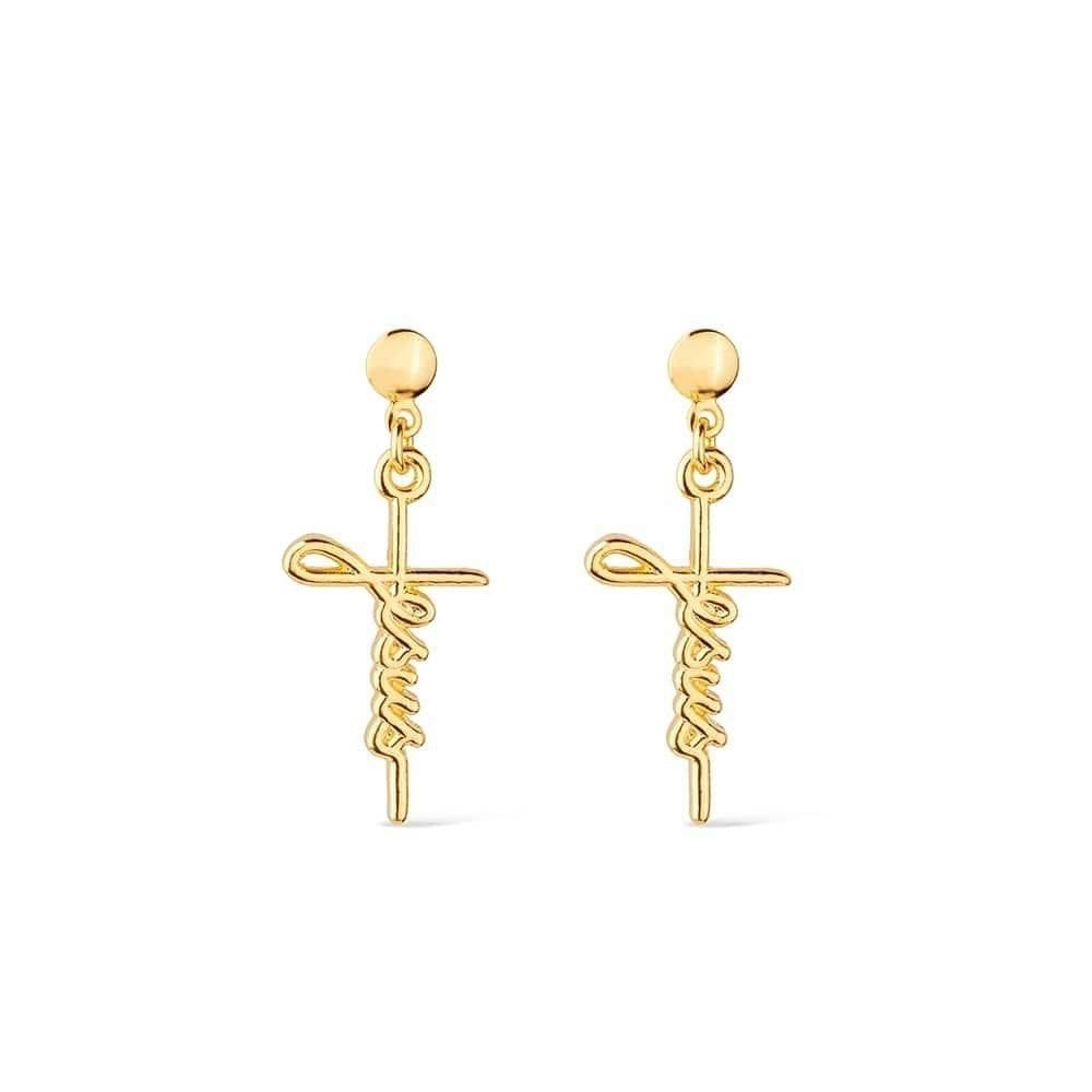 Brinco Dourado De Cruz Com A Palavra Jesus