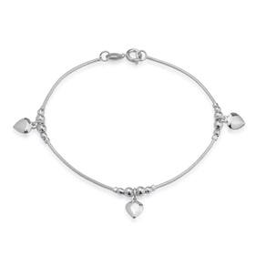 Pulseira Prateada Lisa Com 3 Pingentes De Coração