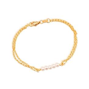 Pulseira Dourada Dupla Elo Português Com Pérolas