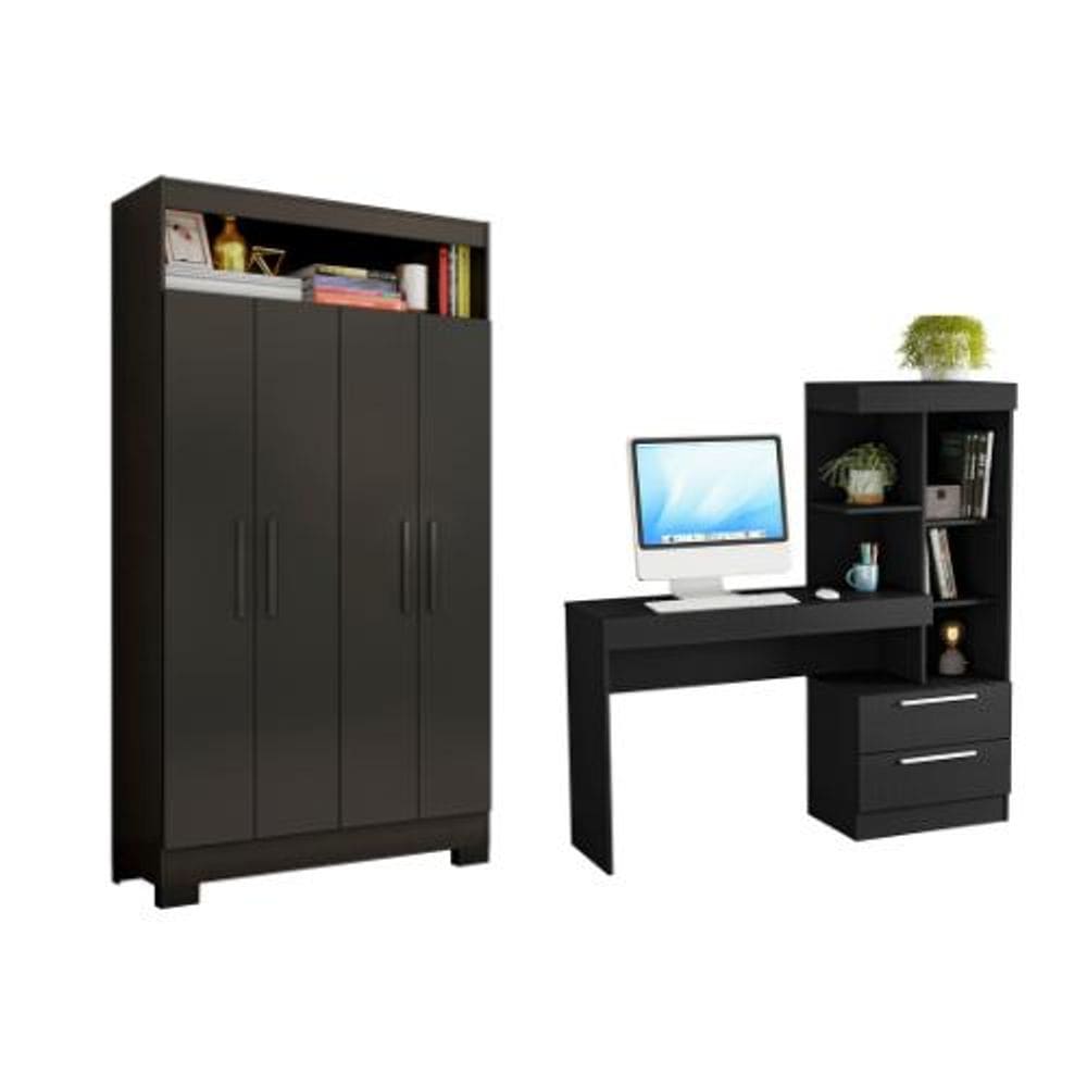 Conjunto Para Escritório 2 Peças com Mesa e Armário 4 portas Preto Tx Notável Móveis
