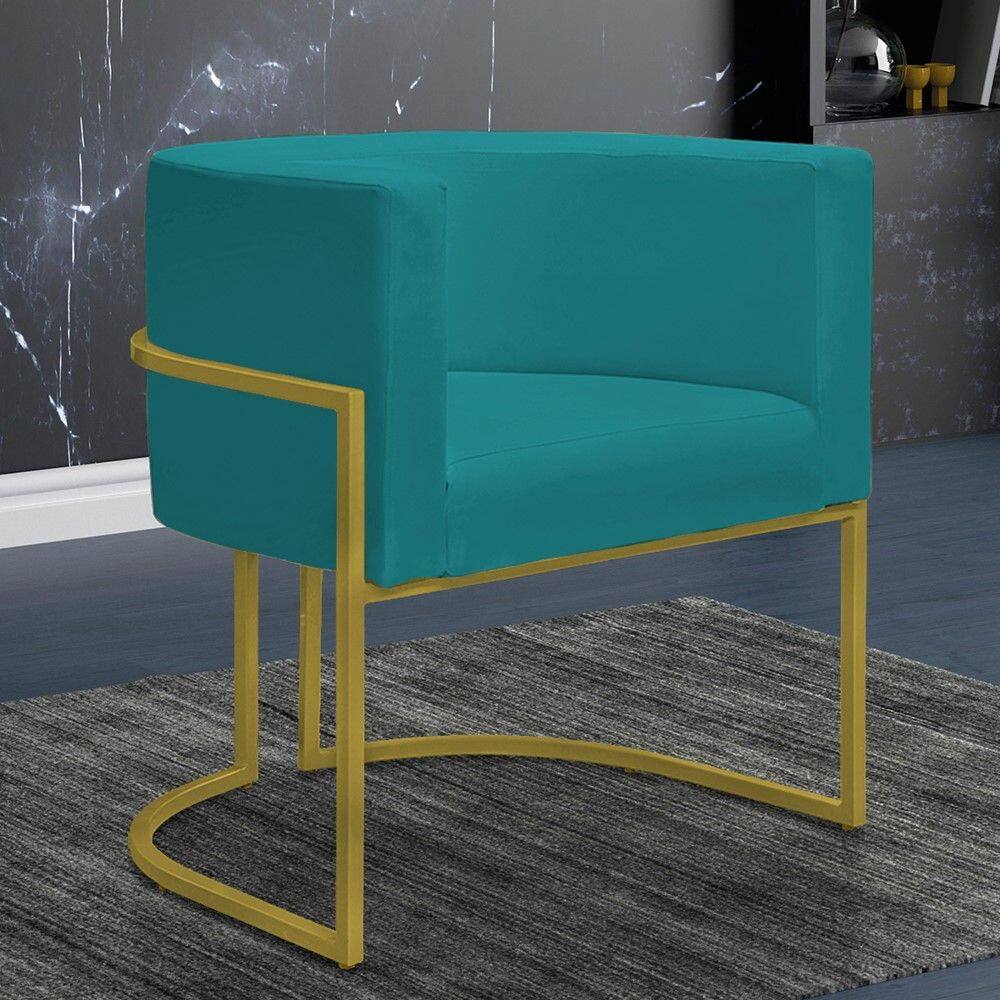 Poltrona Reforçada Decorativa Sala Nayara Base Ferro Dourado Suede Azul Tifany