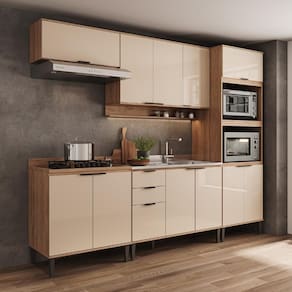 Armário de Cozinha Completa c Balcão Miami Wave Carraro Off White c Freijó