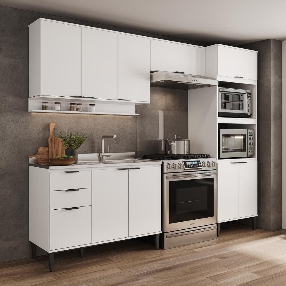 Armário de Cozinha Completa c Balcão Miami Prime Carraro Branco