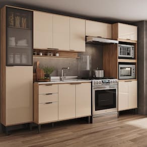 Armário de Cozinha Completa c Balcão Miami Metro Carraro Off White c Freijó