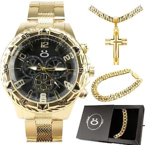 Relogio Masculino Banhado Aço + Cordão + Caixa + Pulseira Social Grande Preto Analogico Presente