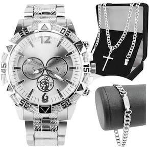 Relogio Masculino Prova Dagua Aço + Cordão Cruz + Pulseira Prata Qualidade Premium Religioso Social