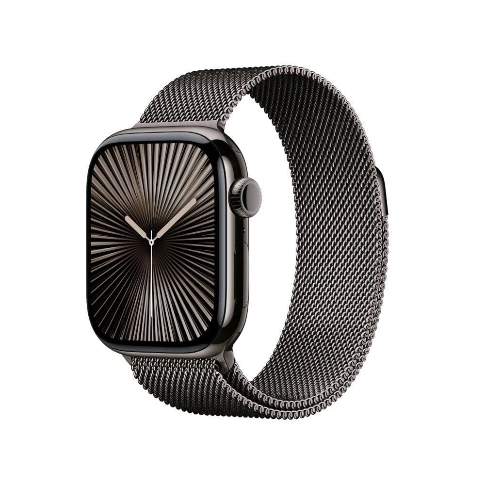 Apple Watch Series 10 GPS + Cellular • Caixa ardósia de titânio – 42 mm • Pulseira ardósia estilo milanês