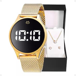 Relogio Feminino Dourado Digital + Caixa + Brincos + Colar Academia Ajustavel Qualidade Premium Led