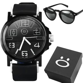 Relogio Masculino Aço Inoxidável Preto + Oculos Sol Pesado Ponteiro Presente Acetato Preto Silicone