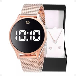 Relogio Feminino Aço Inox Led + Colar + Brincos Banhado Rosê Casual Academia Ajustavel Presente Led