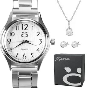 Relogio Feminino Prata Aço Inox + Caixa + Colar Brincos Moda Social Perola Qualidade Premium