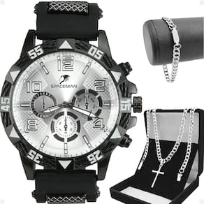 Relogio Masculino Preto Corrão Crucifixo Pulseira Religioso Aço Inoxidável Qualidade Premium Pesado
