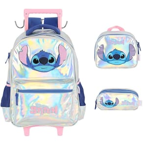 Kit Mochila Rodinhas Holográfica Stitch Disney Luxcel