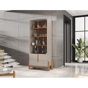 Cristaleira 2 Portas c/ Prateleiras para Vinhos e Taças Luna Off-White/Cedro
