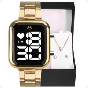 Relogio Feminino Dourado Digital + Relógio Feminino Digital + Colar Qualidade Premium Social Casual