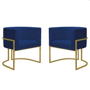 Kit 2 Poltronas Reforçadas Decorativa Sala Nayara Base Ferro Dourado Suede Azul Marinho